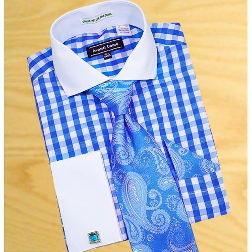 Avanti Uomo White With Turquoise Windowpane Shirt / Tie / Hanky Set With Free Cufflinks DN46M